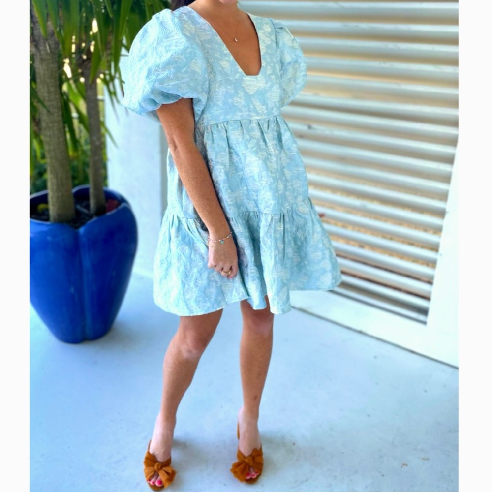 Puff Sleeve Jacquard Silver Blue Dress - Picture 4 of 13